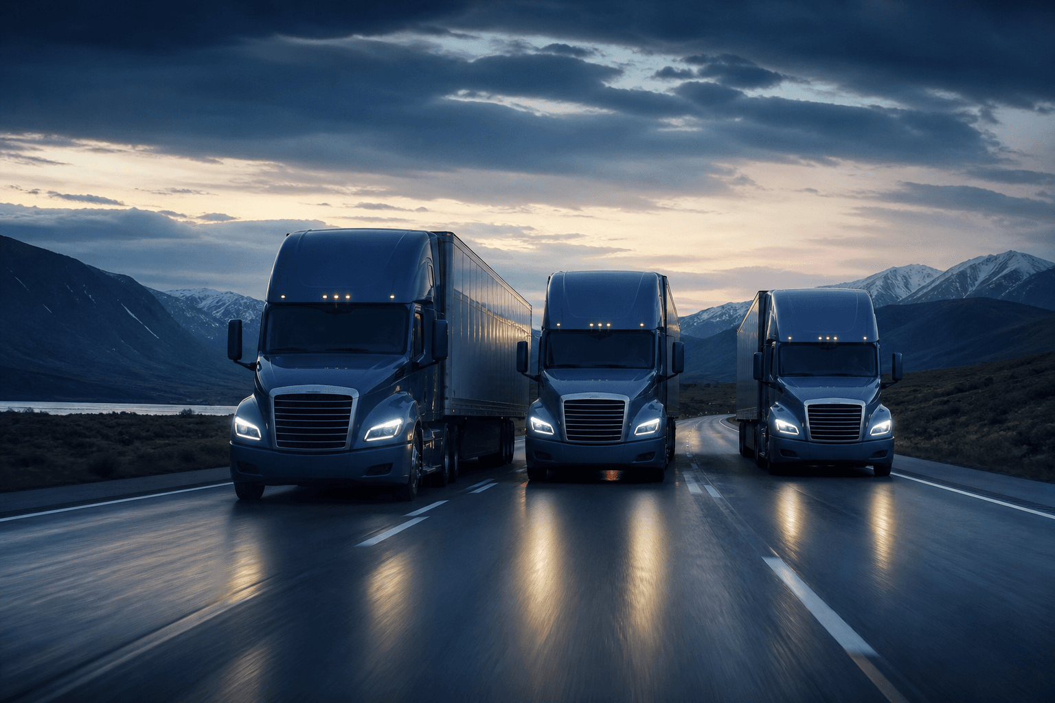 Modern semi truck fleet traveling across the United States